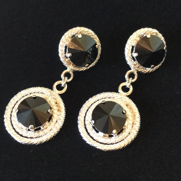 Italian Swarovski Crystal Earrings Black & Silver - Picture 1 of 2